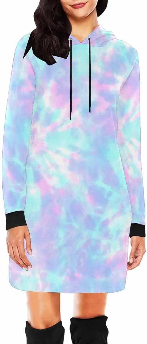 Plus Size Midi Dresses Tie Dye Blue Circle Womens Sweatshirt Dress Long Sleeve Hoodies Mini Dresses Fleece Casual Hoodie