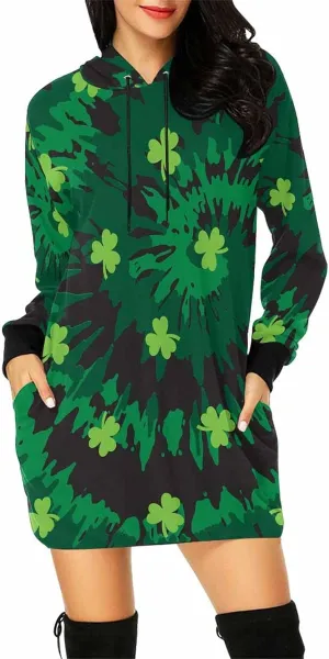 Plus Size Midi Dresses Tie Dye Blue Circle Womens Sweatshirt Dress Long Sleeve Hoodies Mini Dresses Fleece Casual Hoodie