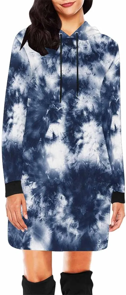 Plus Size Midi Dresses Tie Dye Blue Circle Womens Sweatshirt Dress Long Sleeve Hoodies Mini Dresses Fleece Casual Hoodie
