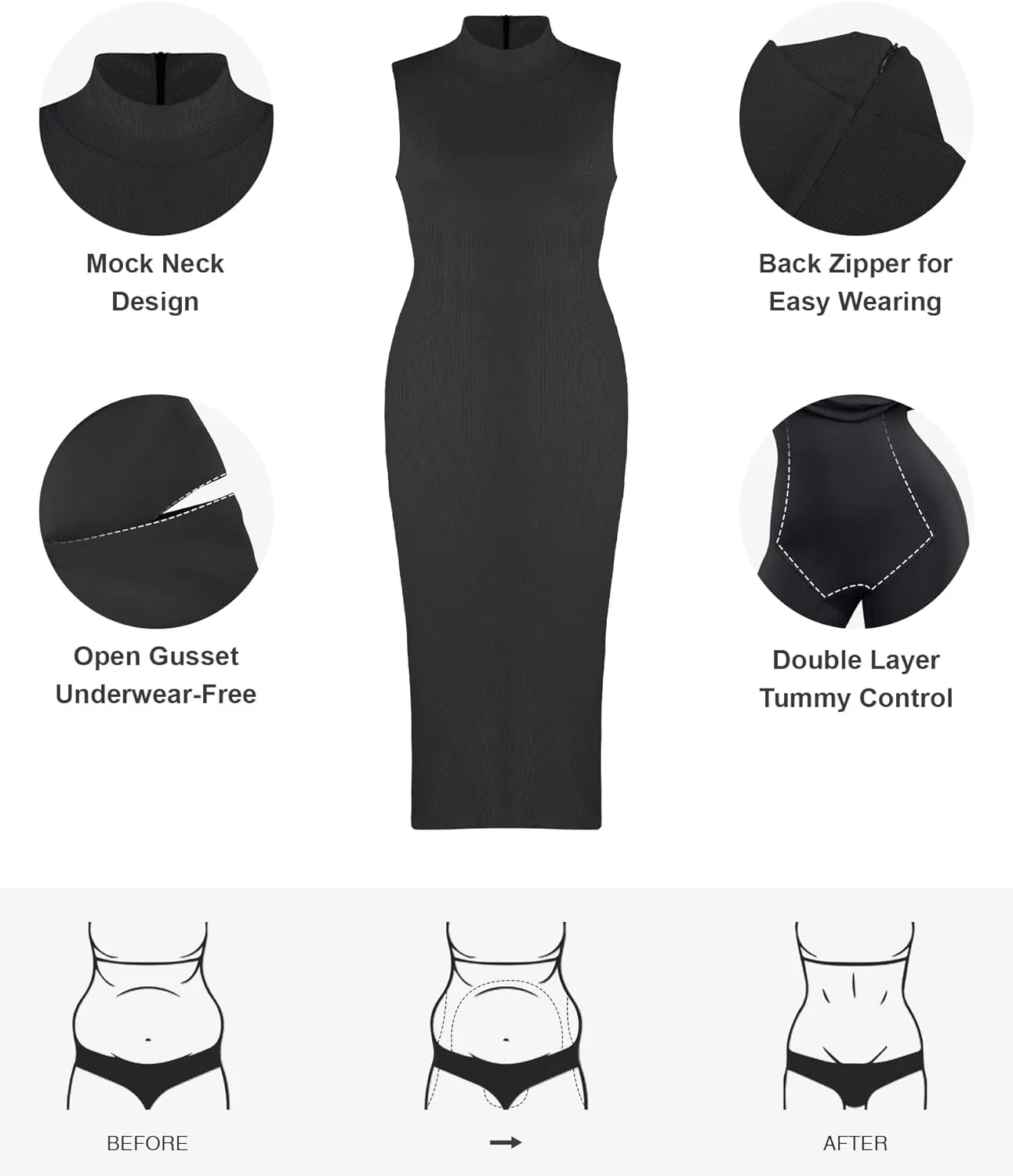 Popilush Shapewear Dress Midi Bodycon - Mock Neck Built in Shapewear Bra 9 in 1 Sleeveless Slip Dress for Women