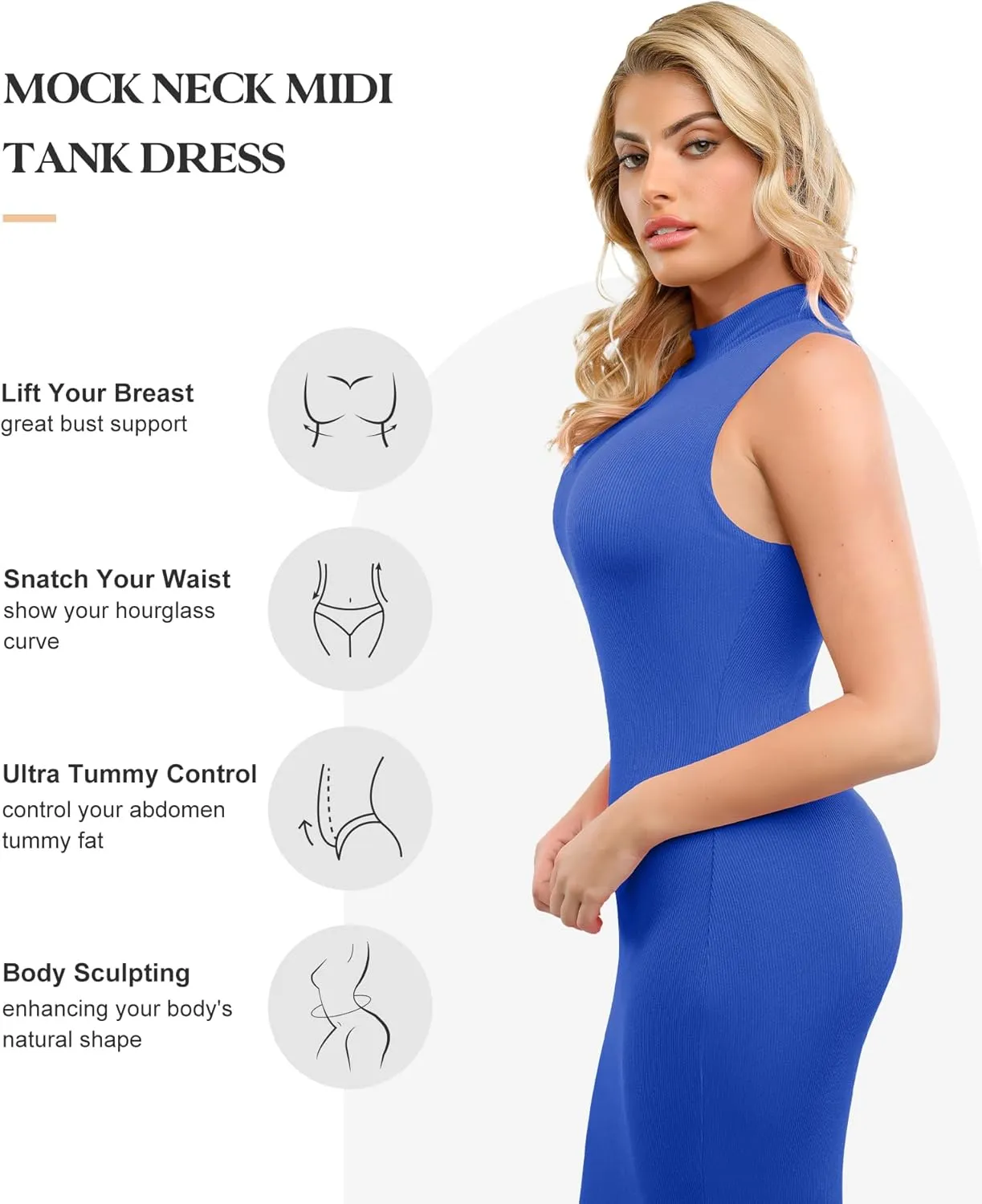Popilush Shapewear Dress Midi Bodycon - Mock Neck Built in Shapewear Bra 9 in 1 Sleeveless Slip Dress for Women