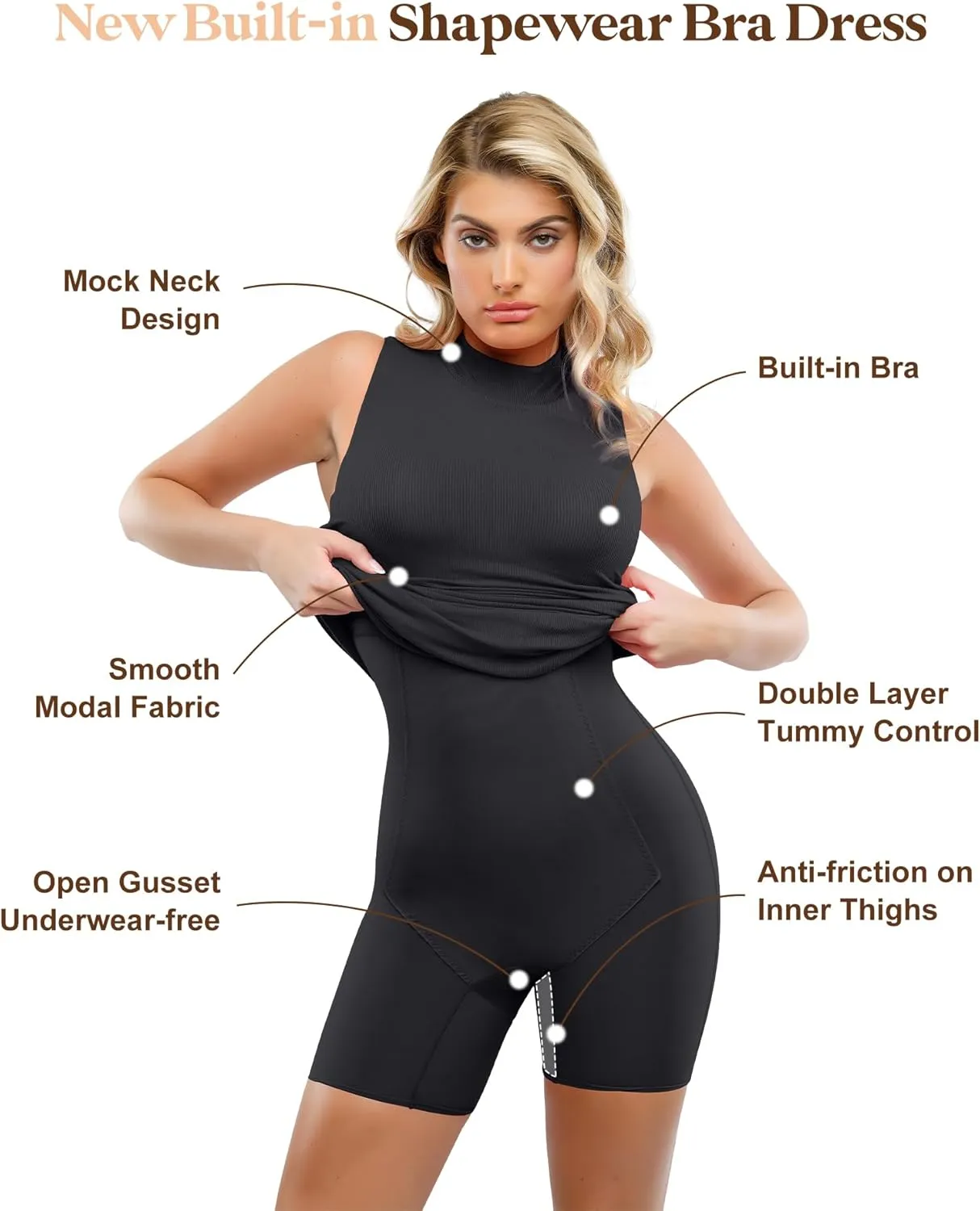 Popilush Shapewear Dress Midi Bodycon - Mock Neck Built in Shapewear Bra 9 in 1 Sleeveless Slip Dress for Women