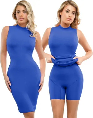 Popilush Shapewear Dress Midi Bodycon - Mock Neck Built in Shapewear Bra 9 in 1 Sleeveless Slip Dress for Women