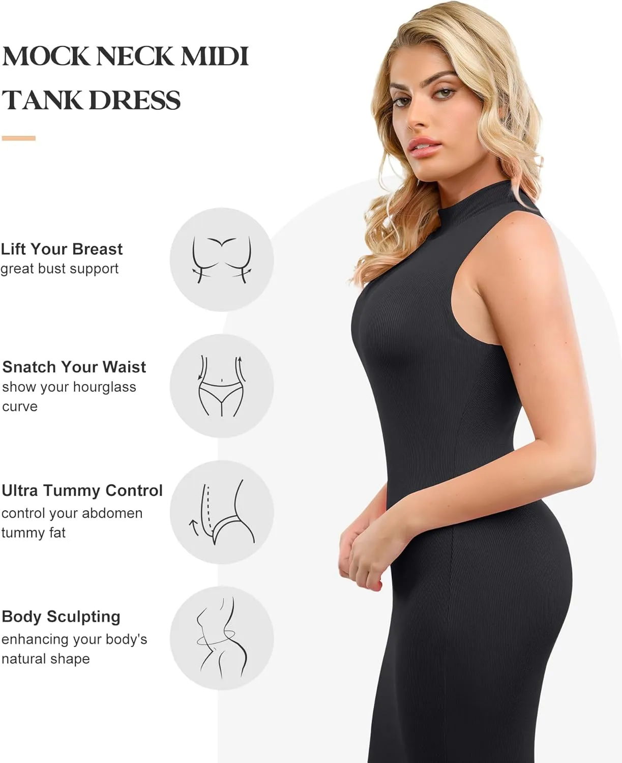 Popilush Shapewear Dress Midi Bodycon - Mock Neck Built in Shapewear Bra 9 in 1 Sleeveless Slip Dress for Women