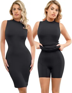 Popilush Shapewear Dress Midi Bodycon - Mock Neck Built in Shapewear Bra 9 in 1 Sleeveless Slip Dress for Women
