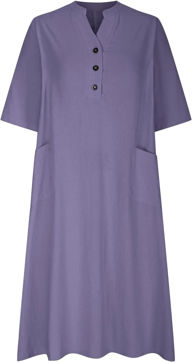 Preppy Linen Shift Dress for Women Solid Cute Half Sleeve Shift Wedding Dress Spring Lounge Church Hawaii Outfits