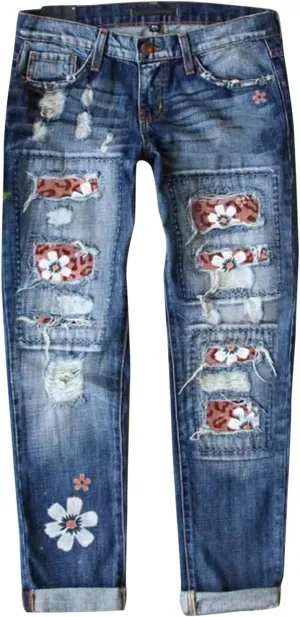 Ripped Jeans for Women Plaid Patch Boyfriend Skinny Distressed Denim Jean Pants Leopard Floral Patchwork Jeans