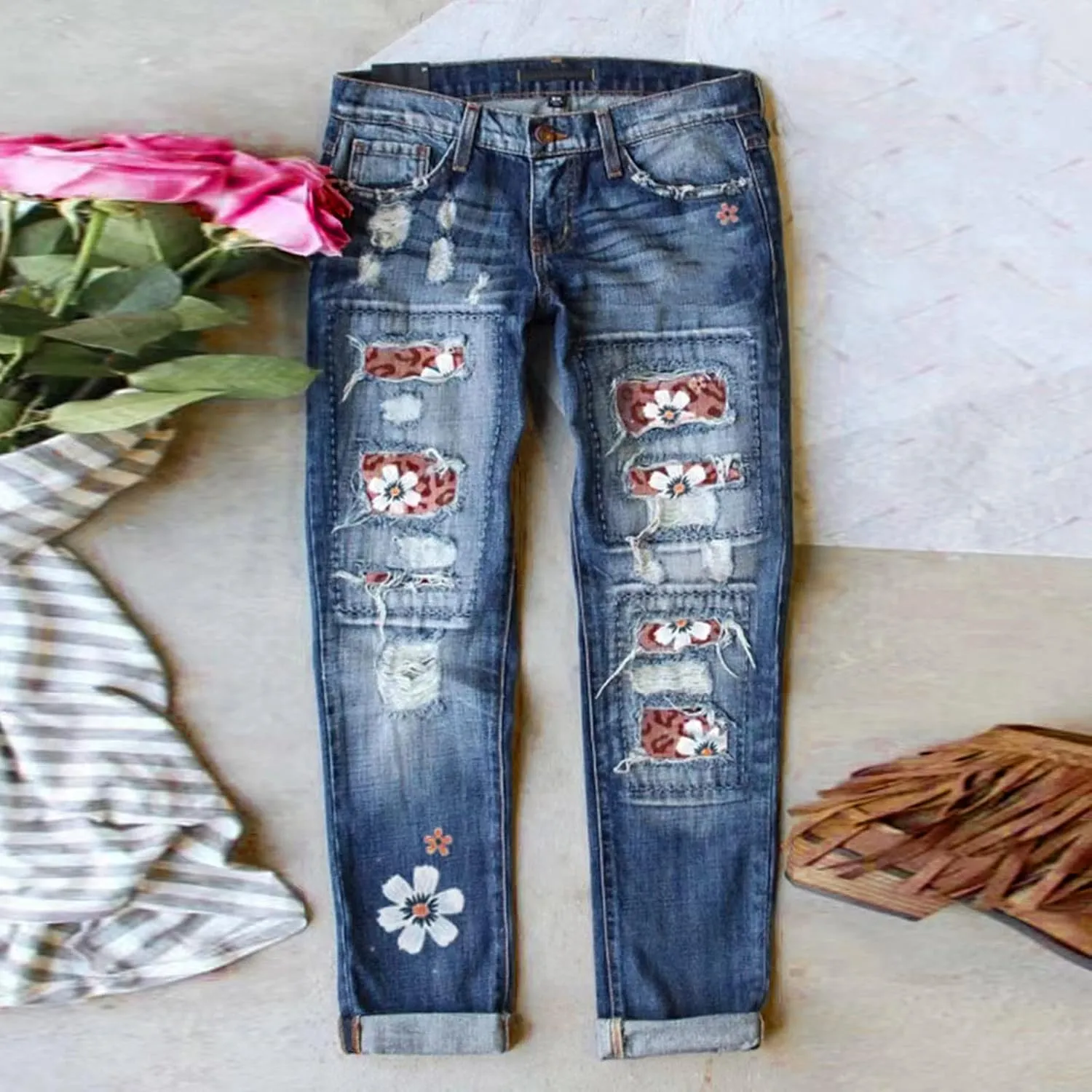 Ripped Jeans for Women Plaid Patch Boyfriend Skinny Distressed Denim Jean Pants Leopard Floral Patchwork Jeans