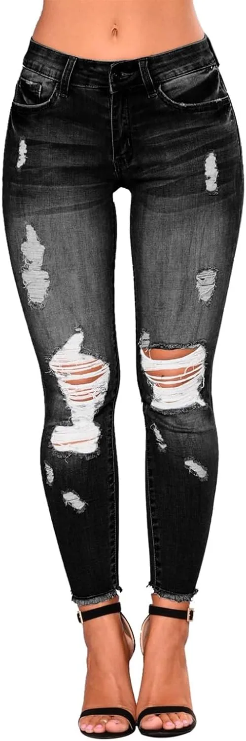 Ripped Jeans Womens Low Rise Stretch Ankle Skinny Jeans Raw Hem Slim Fit Cropped Curvy Denim Jeggings with Pockets