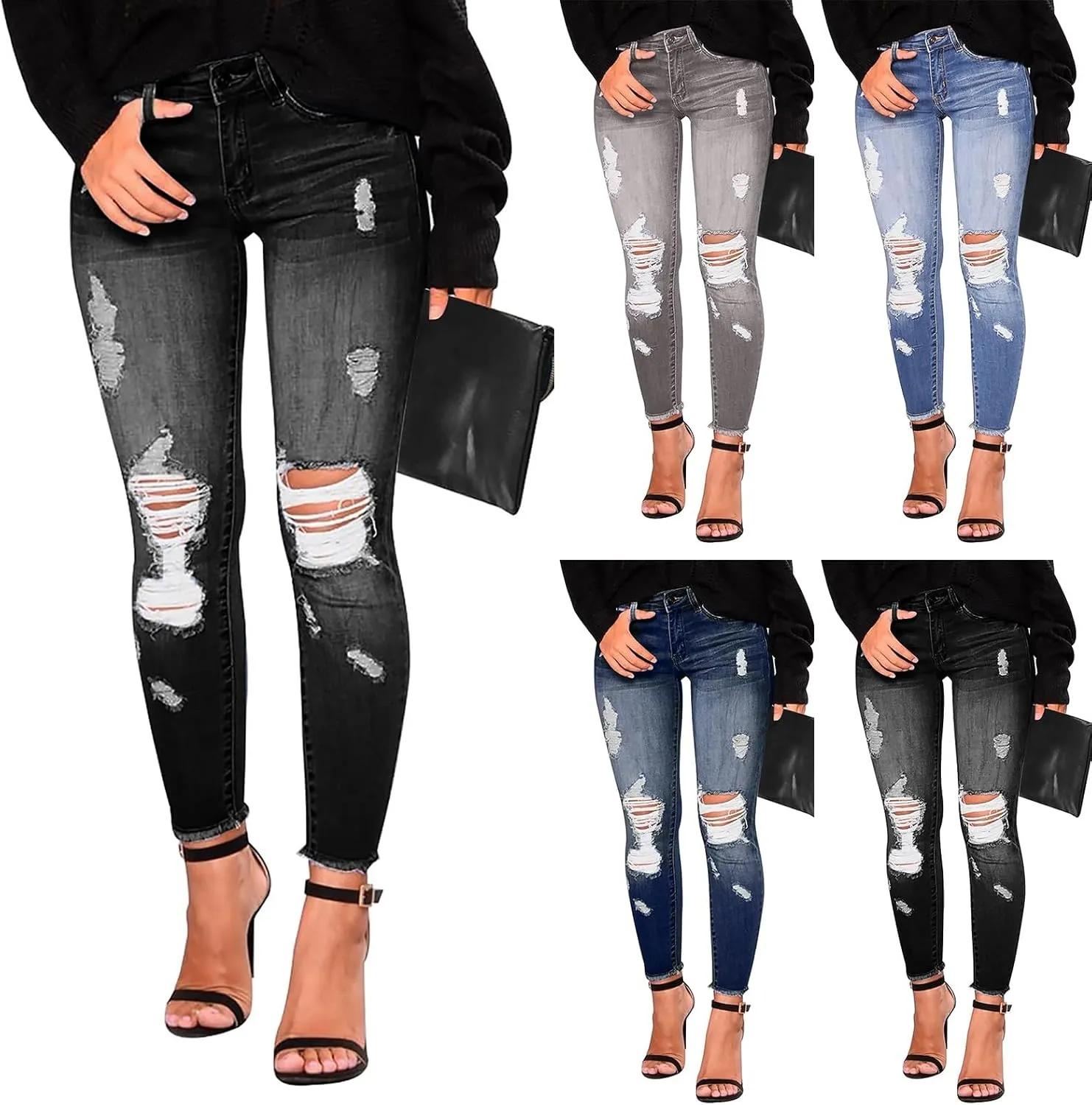Ripped Jeans Womens Low Rise Stretch Ankle Skinny Jeans Raw Hem Slim Fit Cropped Curvy Denim Jeggings with Pockets