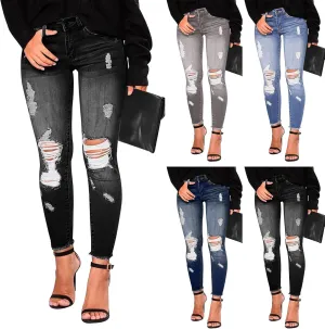 Ripped Jeans Womens Low Rise Stretch Ankle Skinny Jeans Raw Hem Slim Fit Cropped Curvy Denim Jeggings with Pockets
