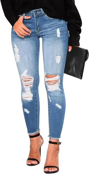 Ripped Jeans Womens Low Rise Stretch Ankle Skinny Jeans Raw Hem Slim Fit Cropped Curvy Denim Jeggings with Pockets