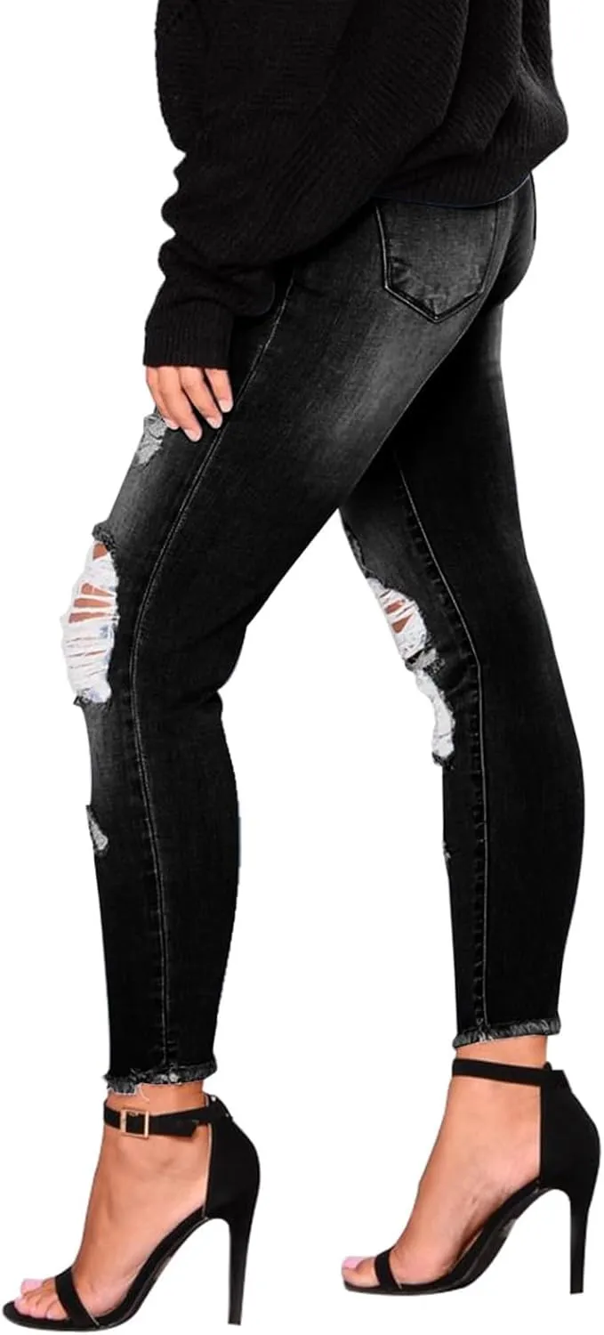 Ripped Jeans Womens Low Rise Stretch Ankle Skinny Jeans Raw Hem Slim Fit Cropped Curvy Denim Jeggings with Pockets