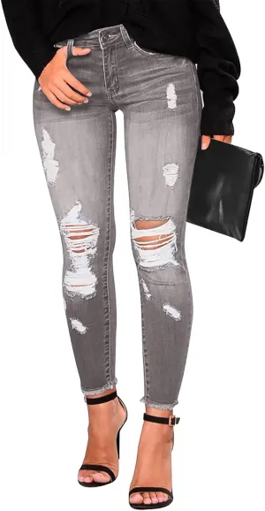 Ripped Jeans Womens Low Rise Stretch Ankle Skinny Jeans Raw Hem Slim Fit Cropped Curvy Denim Jeggings with Pockets