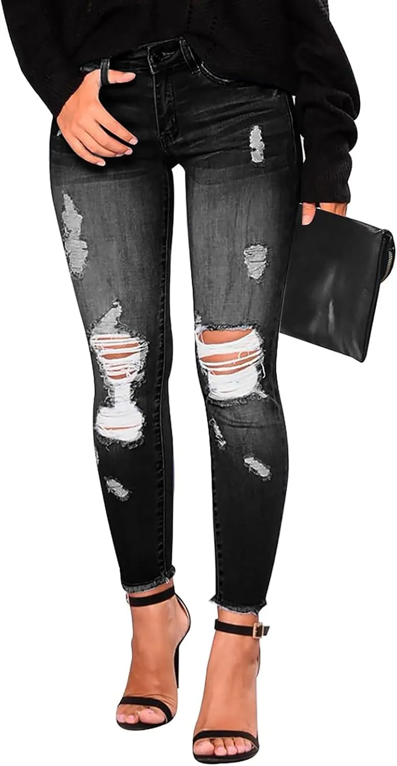 Ripped Jeans Womens Low Rise Stretch Ankle Skinny Jeans Raw Hem Slim Fit Cropped Curvy Denim Jeggings with Pockets