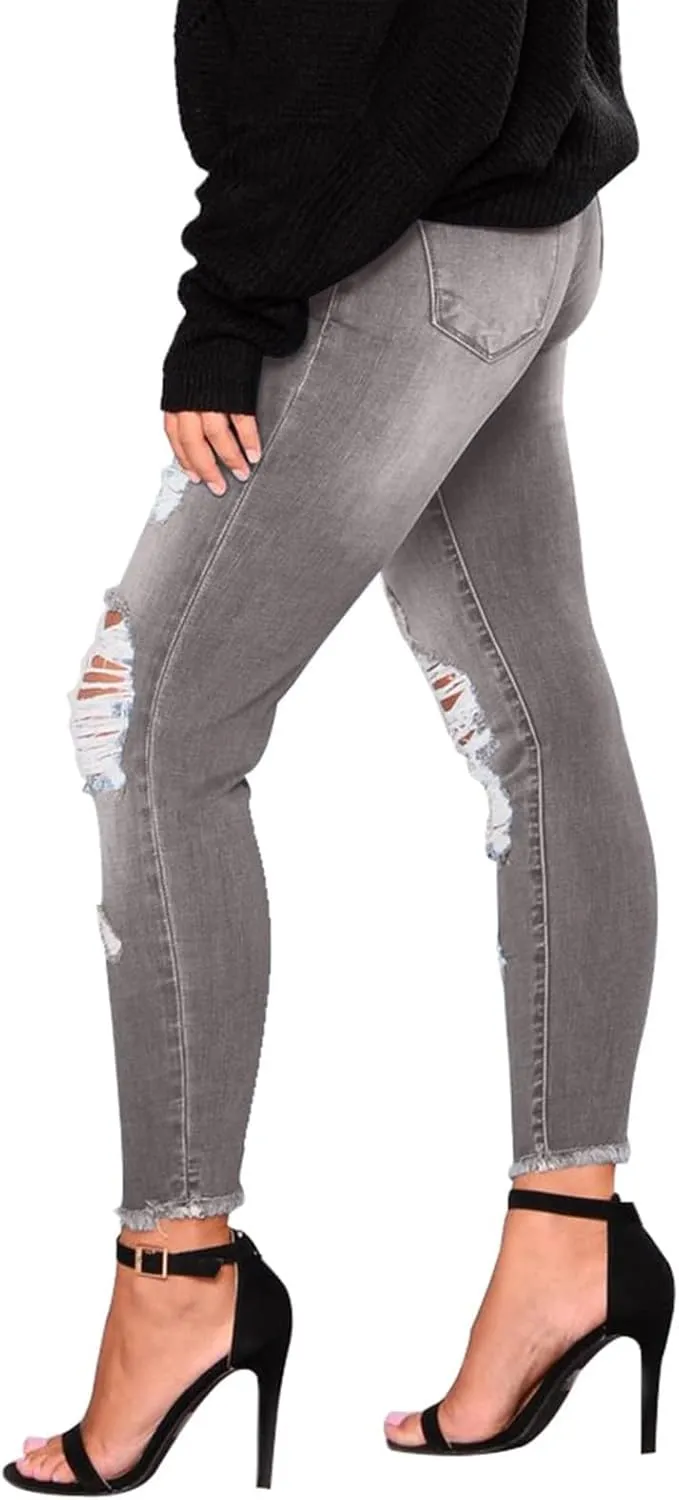 Ripped Jeans Womens Low Rise Stretch Ankle Skinny Jeans Raw Hem Slim Fit Cropped Curvy Denim Jeggings with Pockets