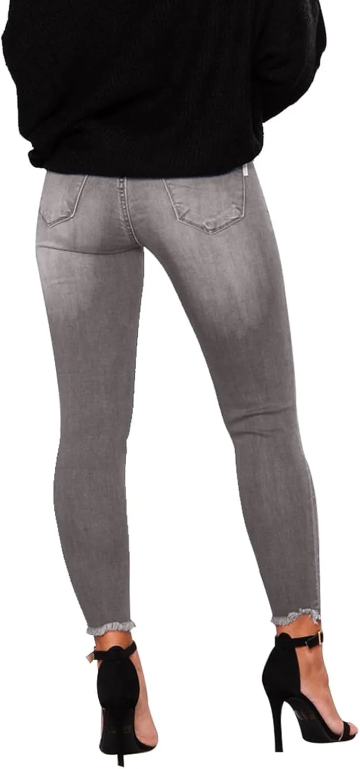 Ripped Jeans Womens Low Rise Stretch Ankle Skinny Jeans Raw Hem Slim Fit Cropped Curvy Denim Jeggings with Pockets