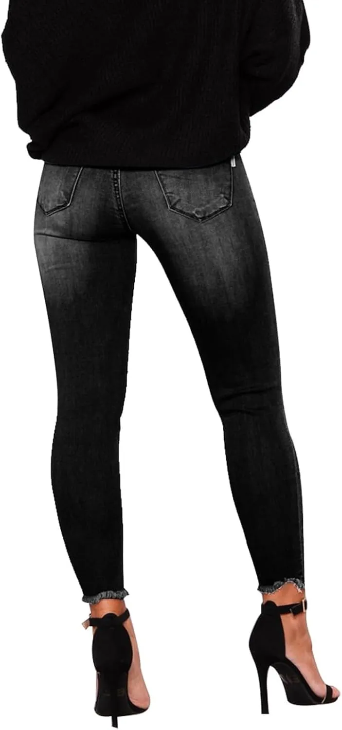 Ripped Jeans Womens Low Rise Stretch Ankle Skinny Jeans Raw Hem Slim Fit Cropped Curvy Denim Jeggings with Pockets