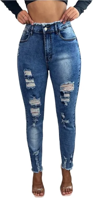 Ripped Skinny Jeans for Women Stretchy High Waisted Petite Jeans Raw Hem Button Up Stretch Denim Pants with Pockets