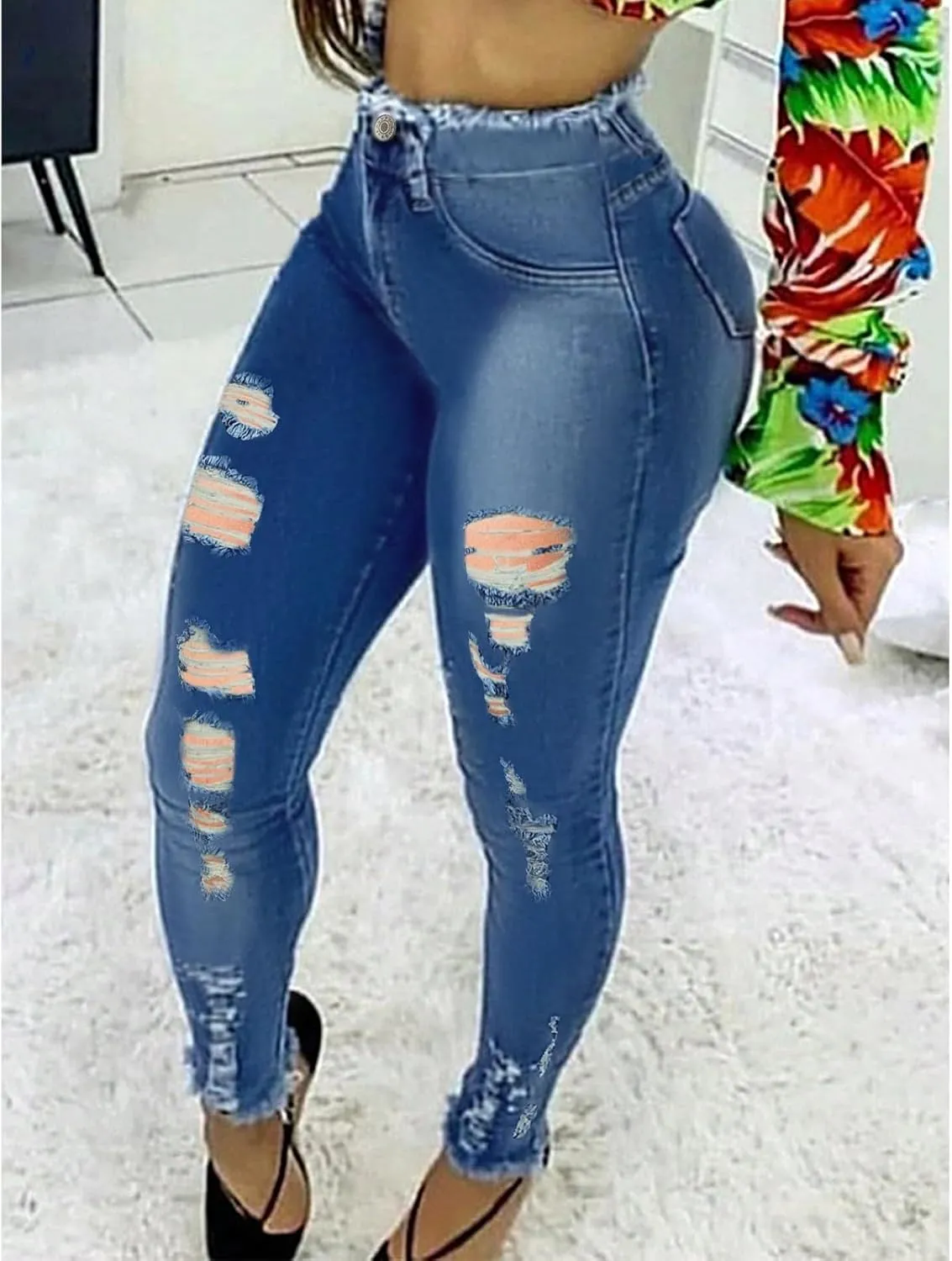 Ripped Skinny Jeans for Women Stretchy High Waisted Petite Jeans Raw Hem Button Up Stretch Denim Pants with Pockets