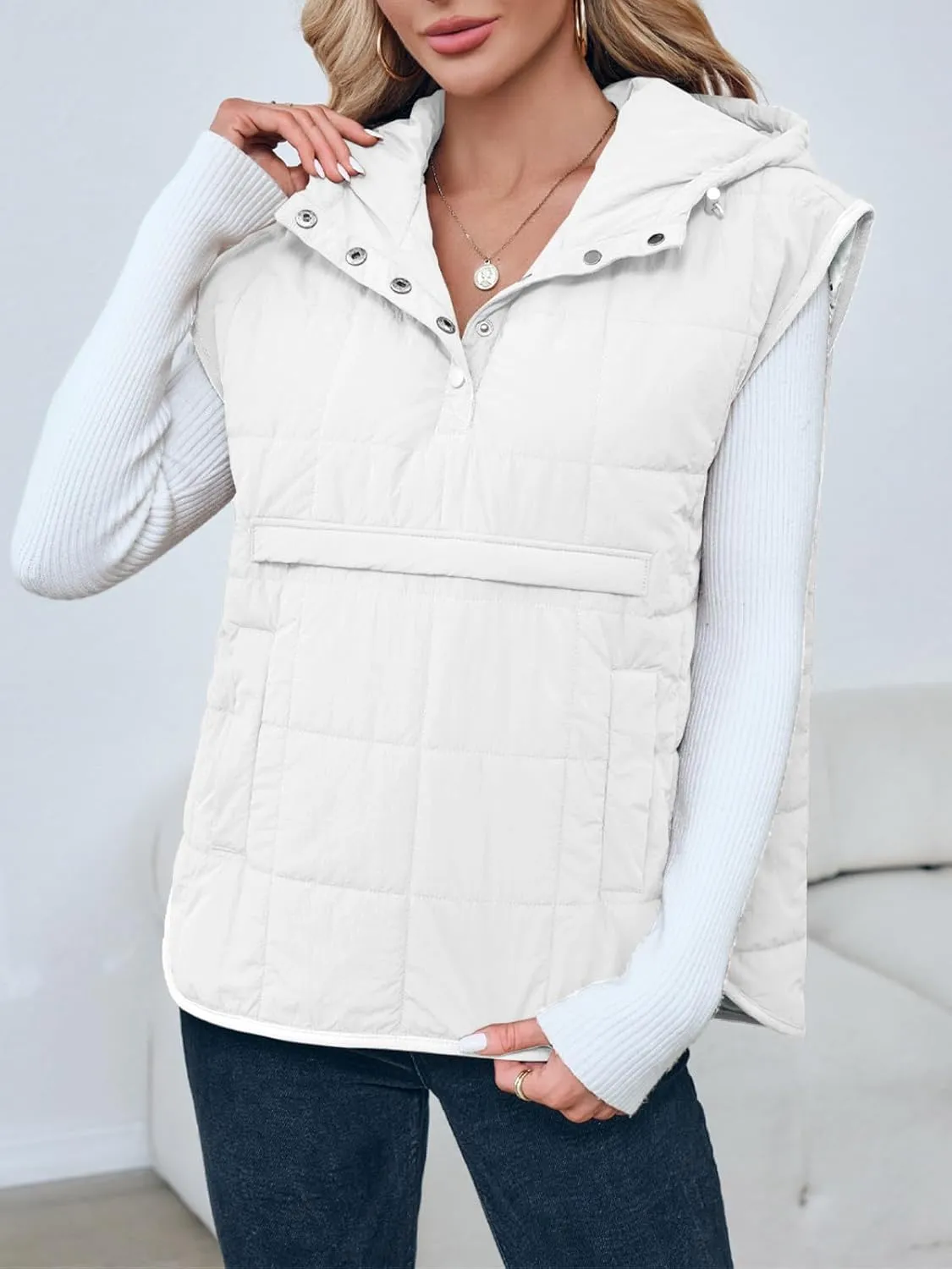 Saodimallsu Womens Quilted Puffer Vest Sleeveless Hoodies Fall Winter Tops with Kangaroo Pockets