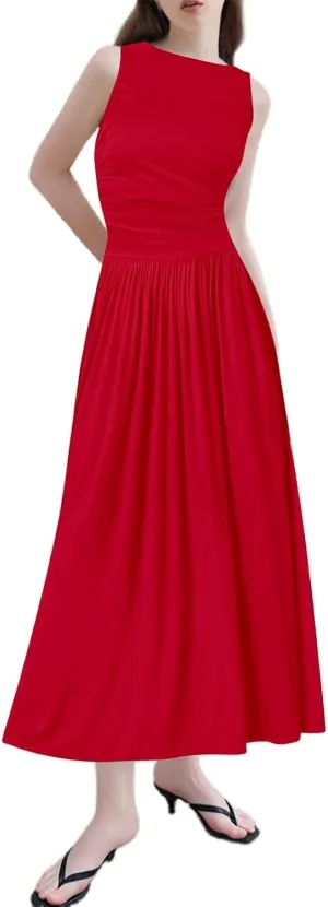 Semi Formal Dresses for Women Comfy Patchwork Sleeveless Pleated Long Dress Work Vintage Teacher Outfits