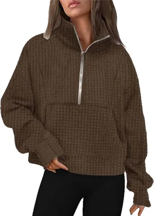 SHAOBGE Womens Waffle Sweatshirts Half Zip Cropped Pullover Fleece Quarter Zipper Hoodies Fall outfits Clothes Hoodies Tops