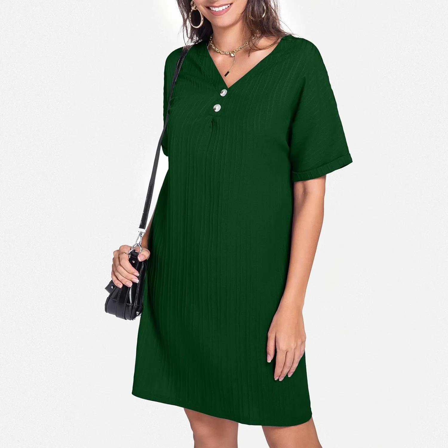 Shift Dresses for Women 2025 Trendy Dressy Texture Button V Neck Business Work Dress with Sleeves Beach Vacation Clothes