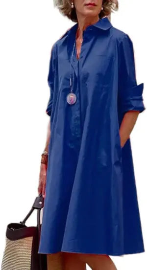 Shirt Dress for Women Casual Print Linen T Shirt Dress Summer V Neck Loose Long Sleeve Button Maxi Collared Dress