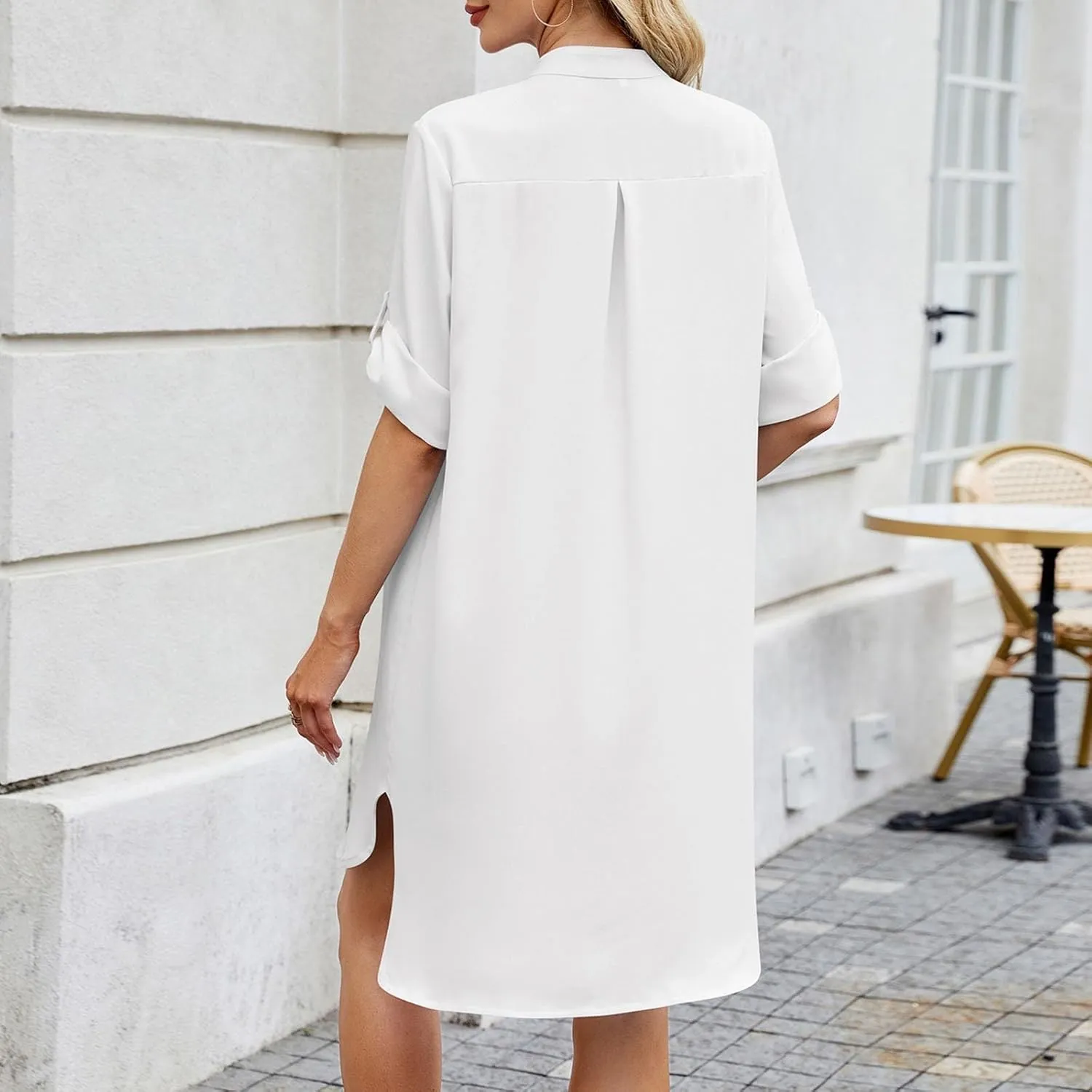 Shirt Dresses for Women 2025 Summer Cinched V Neck Button Down Shirt Dresses Pleated Empire Waist Loose Mini Dress