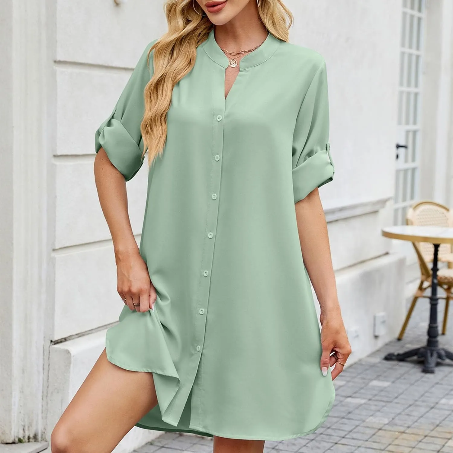 Shirt Dresses for Women 2025 Summer Cinched V Neck Button Down Shirt Dresses Pleated Empire Waist Loose Mini Dress