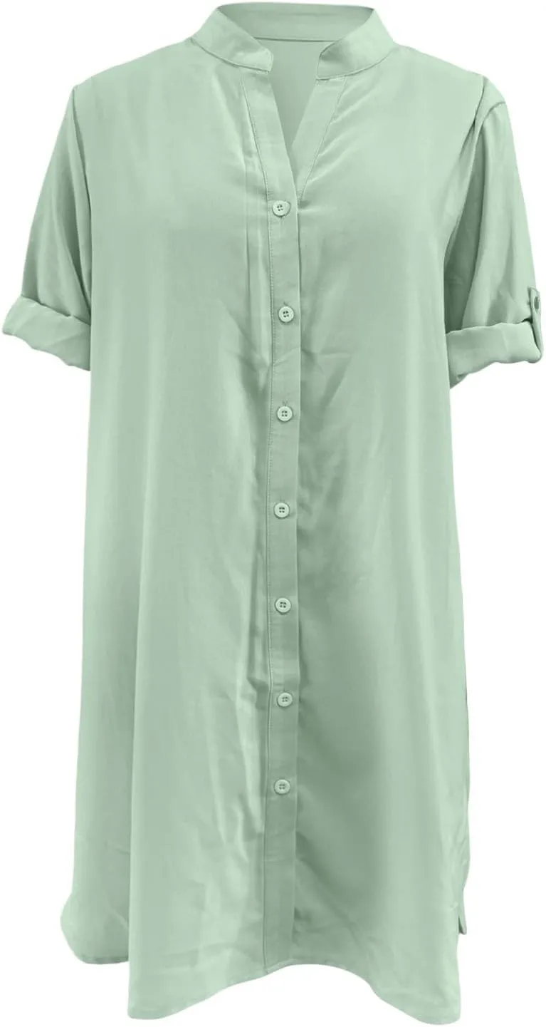 Shirt Dresses for Women 2025 Summer Cinched V Neck Button Down Shirt Dresses Pleated Empire Waist Loose Mini Dress