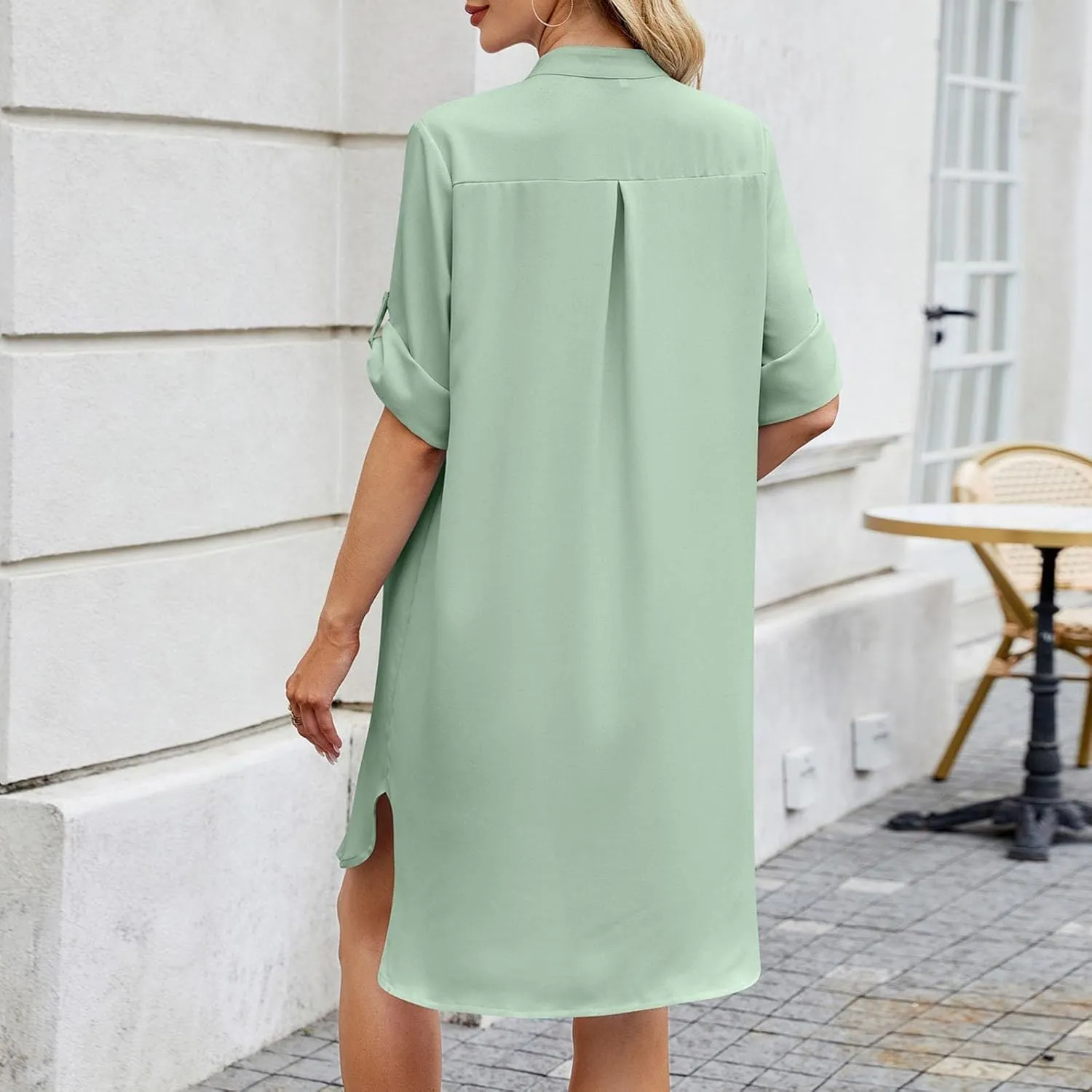 Shirt Dresses for Women 2025 Summer Cinched V Neck Button Down Shirt Dresses Pleated Empire Waist Loose Mini Dress