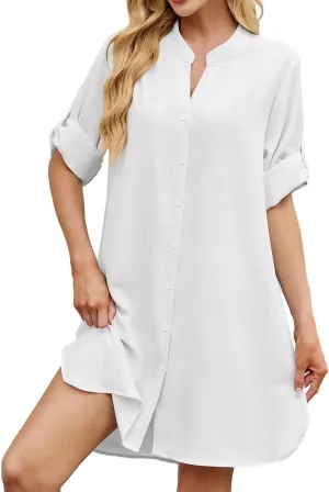 Shirt Dresses for Women 2025 Summer Cinched V Neck Button Down Shirt Dresses Pleated Empire Waist Loose Mini Dress