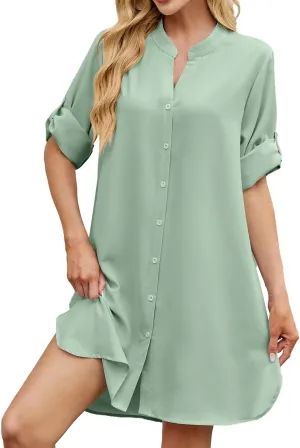 Shirt Dresses for Women 2025 Summer Cinched V Neck Button Down Shirt Dresses Pleated Empire Waist Loose Mini Dress