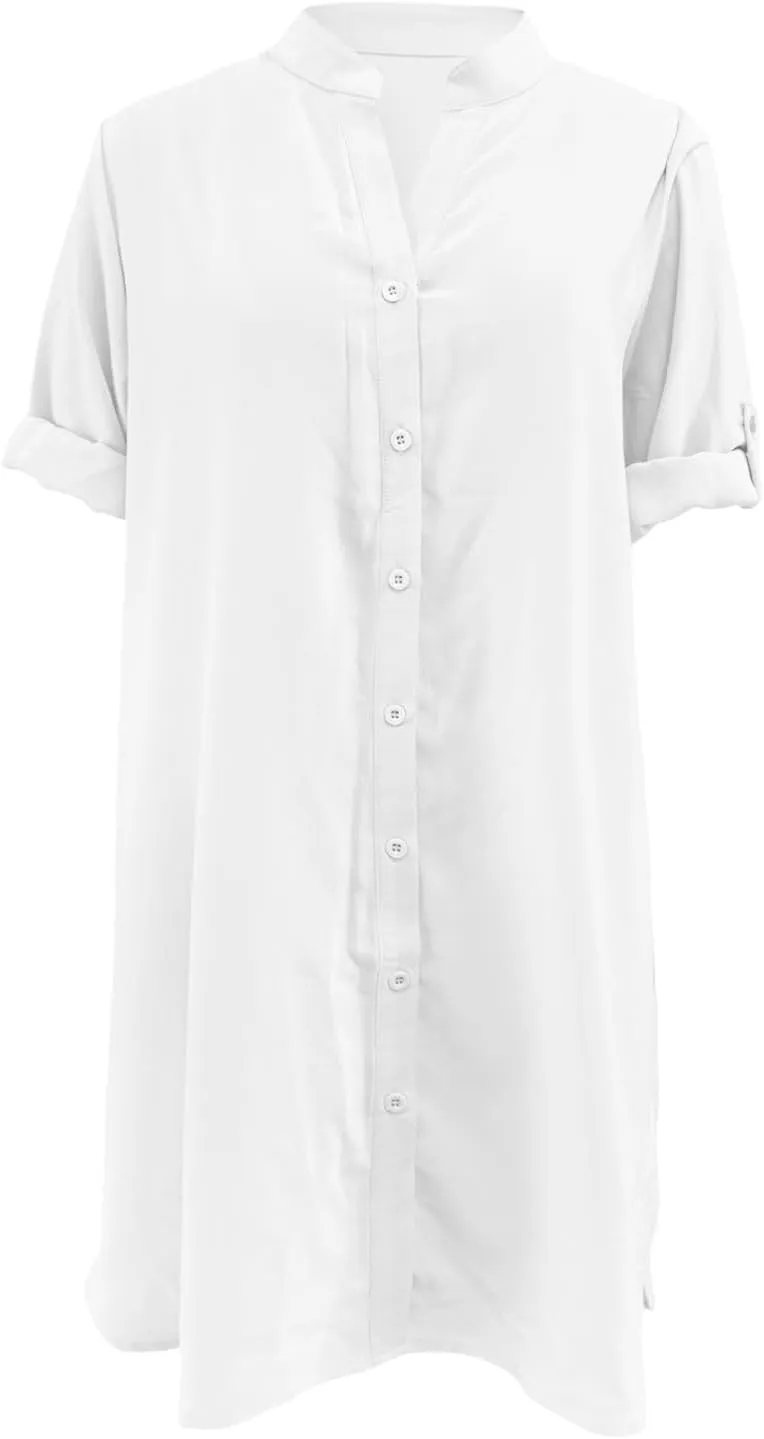 Shirt Dresses for Women 2025 Summer Cinched V Neck Button Down Shirt Dresses Pleated Empire Waist Loose Mini Dress