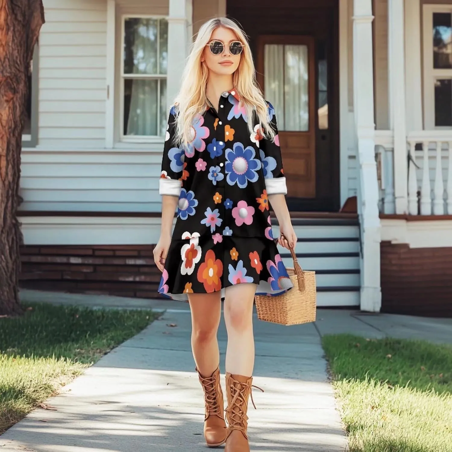 Shirt Dresses for Women Shirt Dresses with Side Pockets Long Sleeve Blouse Tops Vintage Evening Dress