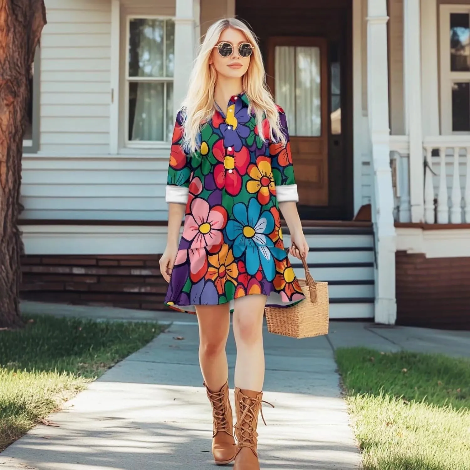 Shirt Dresses for Women Shirt Dresses with Side Pockets Long Sleeve Blouse Tops Vintage Evening Dress