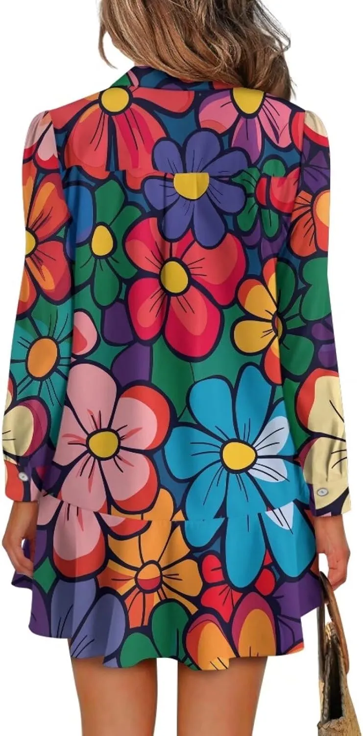 Shirt Dresses for Women Shirt Dresses with Side Pockets Long Sleeve Blouse Tops Vintage Evening Dress