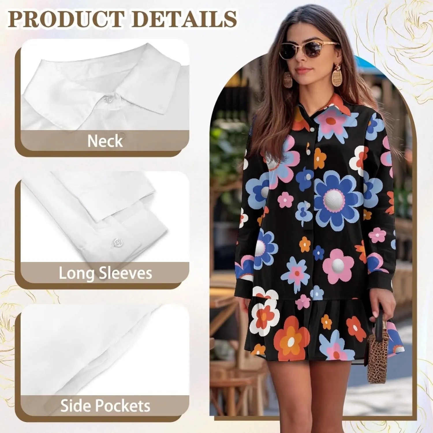 Shirt Dresses for Women Shirt Dresses with Side Pockets Long Sleeve Blouse Tops Vintage Evening Dress
