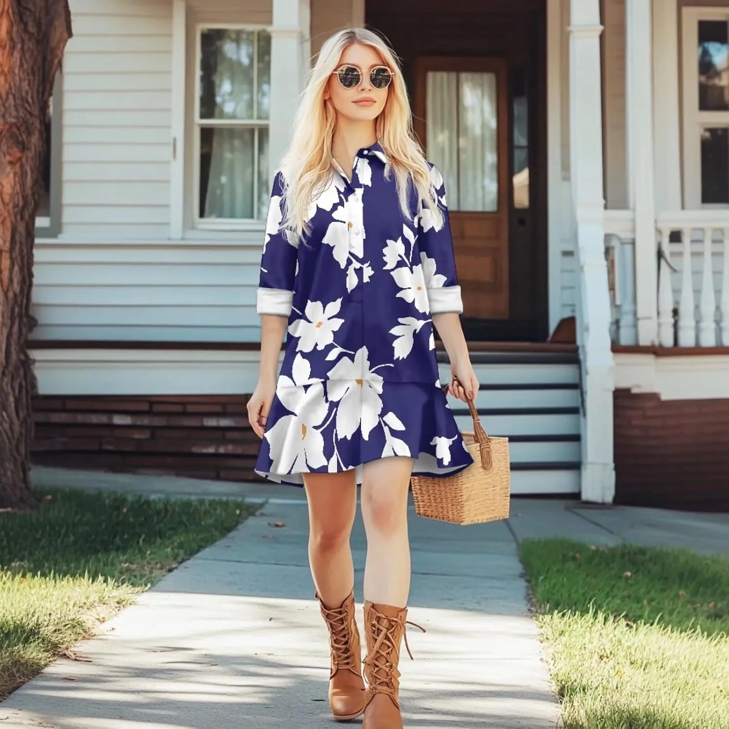 Shirt Dresses for Women Shirt Dresses with Side Pockets Long Sleeve Blouse Tops Vintage Evening Dress
