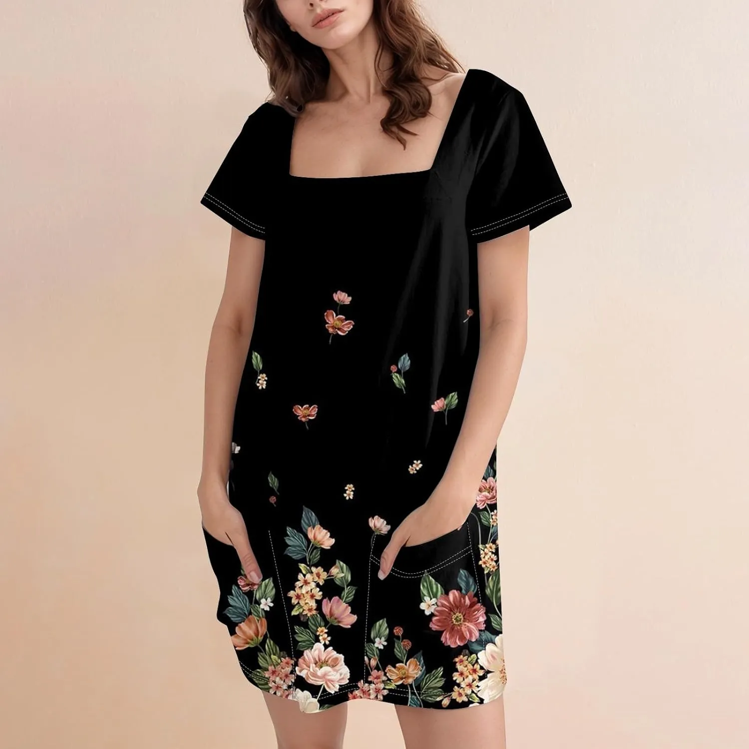 Shirt Dresses for Women Summer Vacation Dresses Square Neck Short Sleeve Beach Mini Dress with Pockets