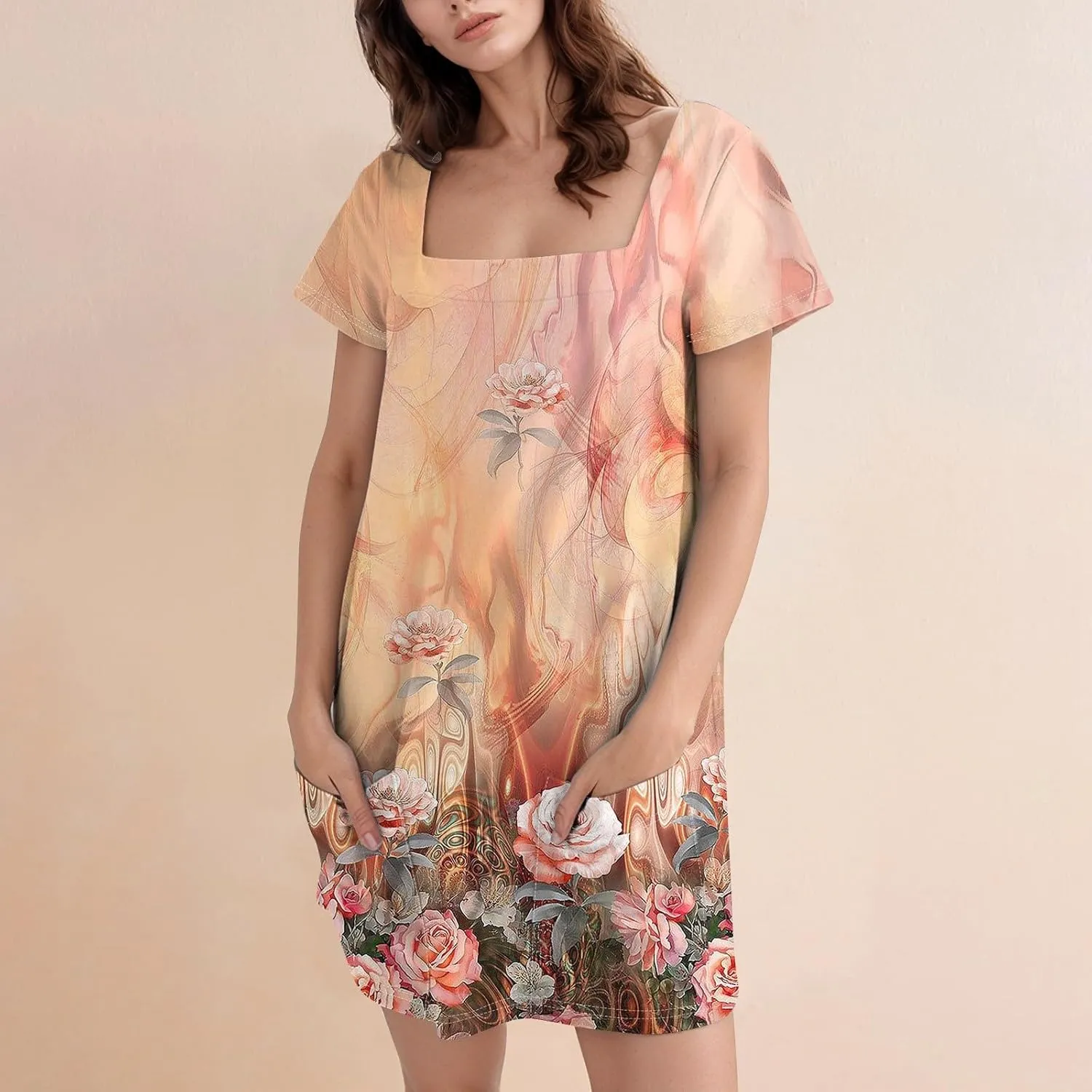 Shirt Dresses for Women Summer Vacation Dresses Square Neck Short Sleeve Beach Mini Dress with Pockets