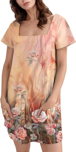 Shirt Dresses for Women Summer Vacation Dresses Square Neck Short Sleeve Beach Mini Dress with Pockets