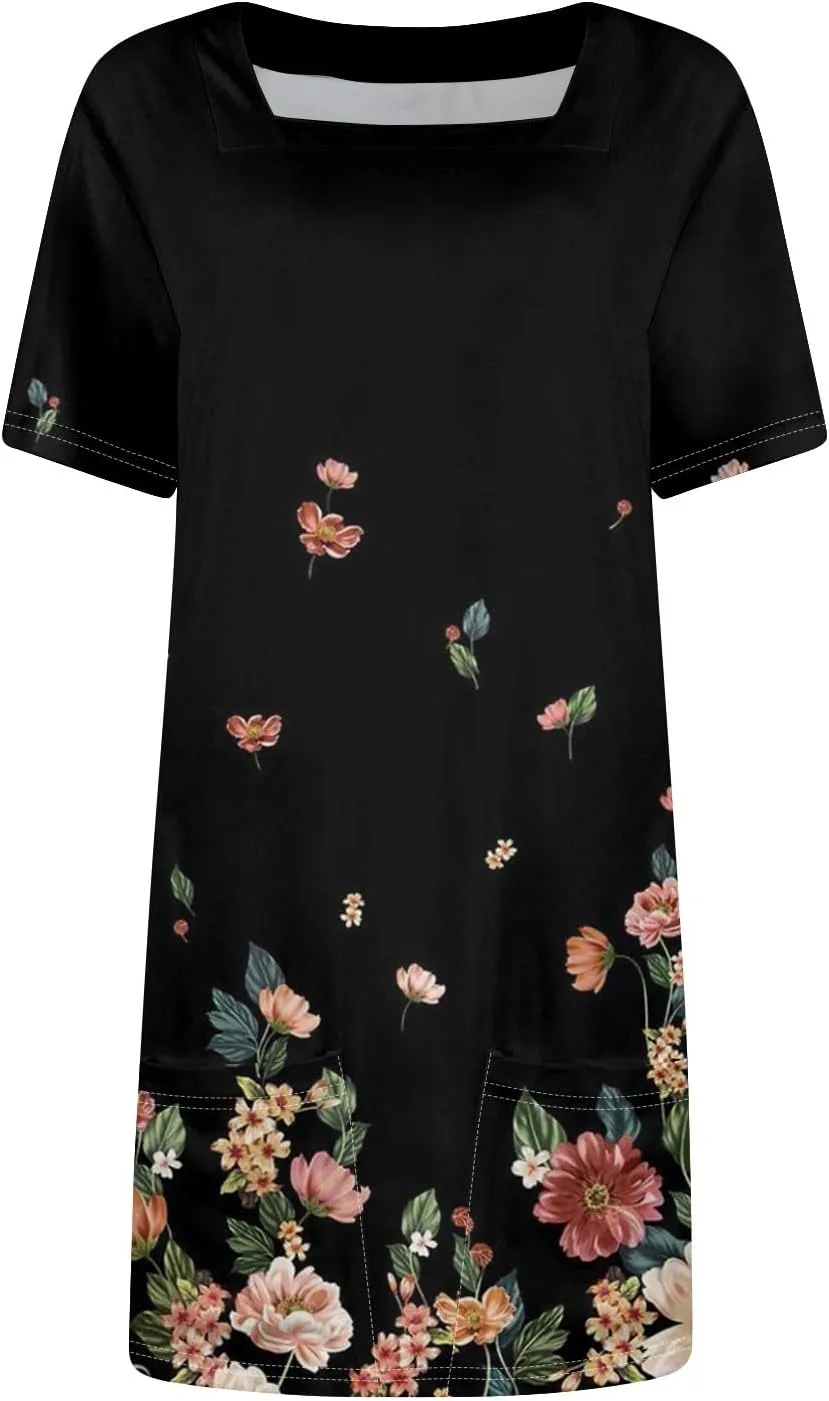 Shirt Dresses for Women Summer Vacation Dresses Square Neck Short Sleeve Beach Mini Dress with Pockets