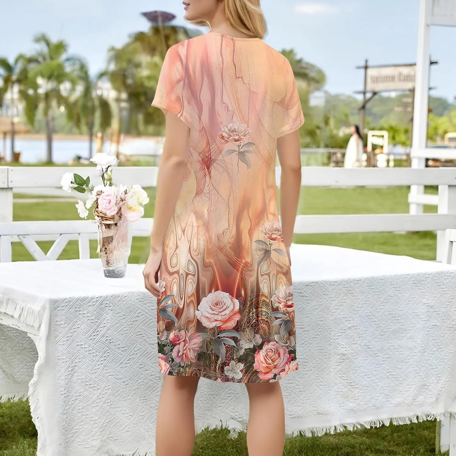 Shirt Dresses for Women Summer Vacation Dresses Square Neck Short Sleeve Beach Mini Dress with Pockets