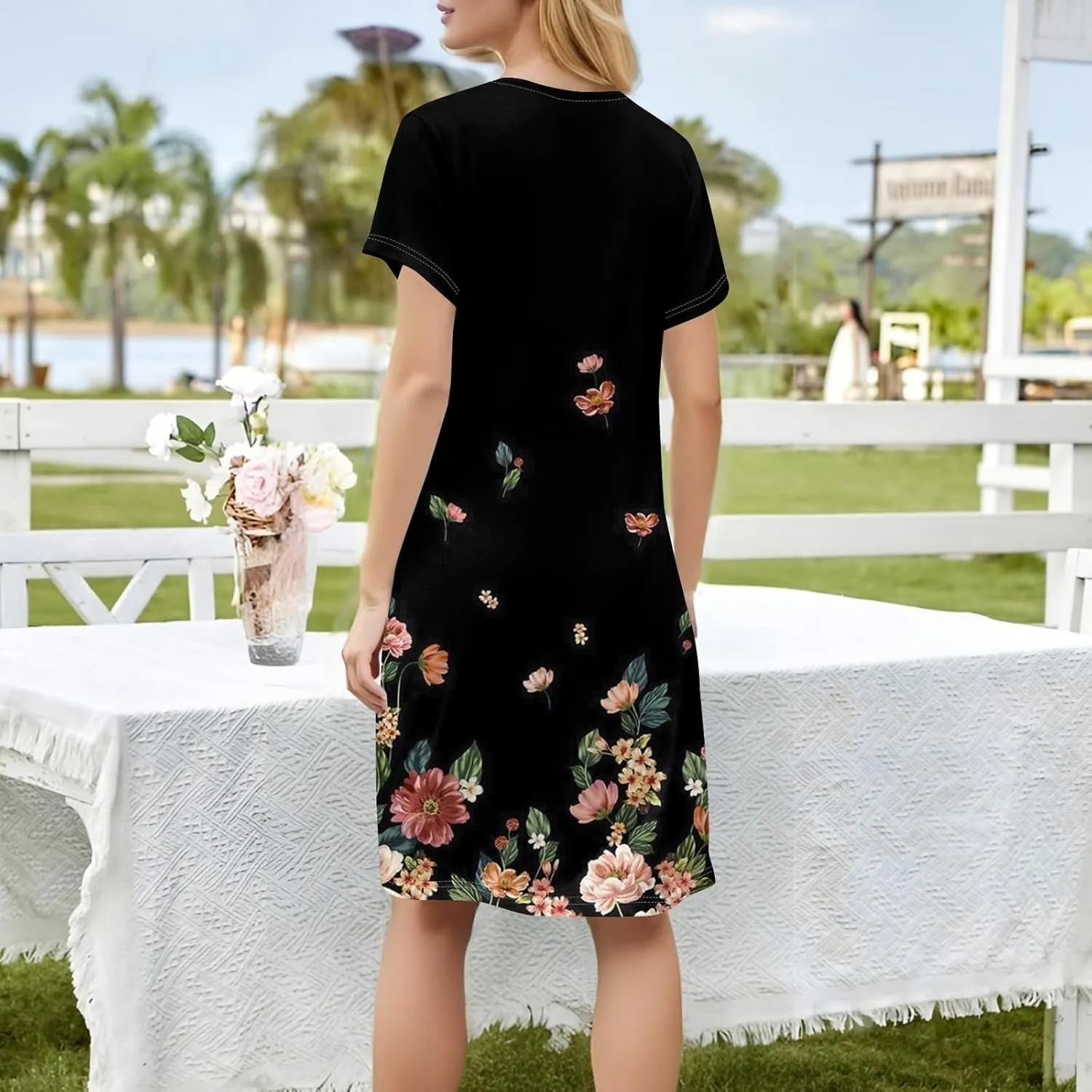 Shirt Dresses for Women Summer Vacation Dresses Square Neck Short Sleeve Beach Mini Dress with Pockets