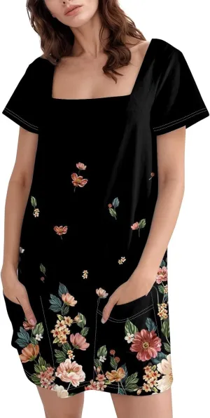 Shirt Dresses for Women Summer Vacation Dresses Square Neck Short Sleeve Beach Mini Dress with Pockets