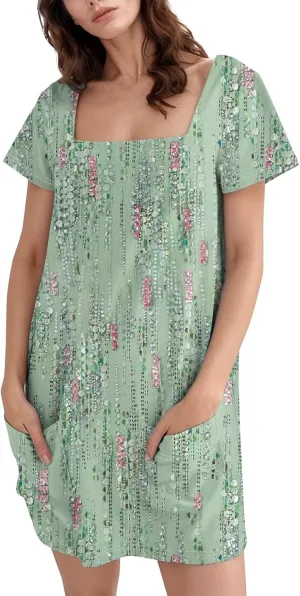 Short Dress for Women Summer Elegant Dresses Square Neck Short Sleeve Loose Fit T-Shirt Dress with Pockets