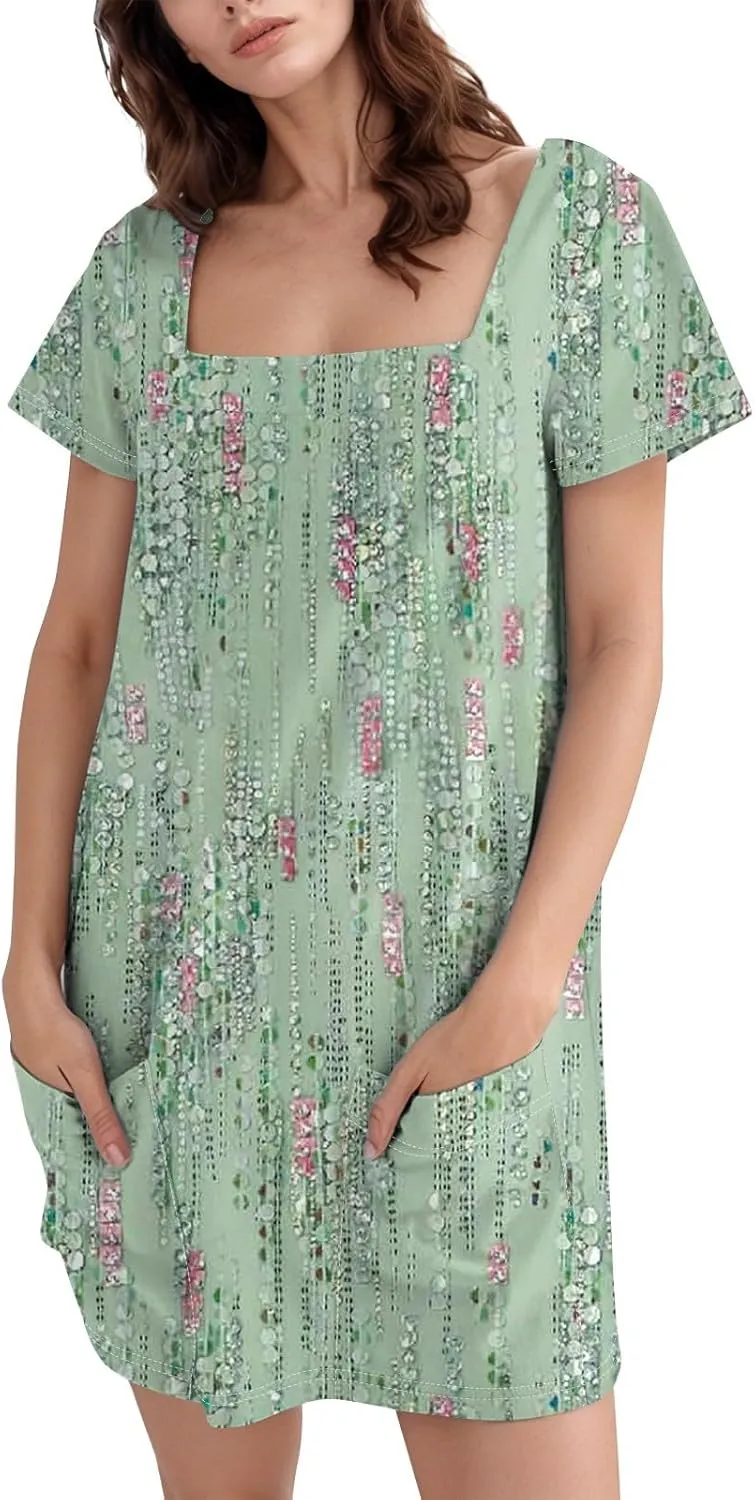 Short Dress for Women Summer Elegant Dresses Square Neck Short Sleeve Loose Fit T-Shirt Dress with Pockets